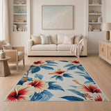 Hibiscus Floral Area Rug with Blue Leaves