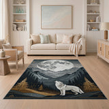 Blue and Teal Wolf Howling at Full Moon Mountain Rug