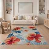 Vibrant Hibiscus Floral Blue Teal Area Rug