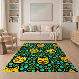 Smiling Yellow Cats Blue Flowers Area Rug