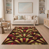 Luxurious Red Gold Feather Art Deco Area Rug