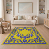 Yellow Field Persian Rug with Blue Floral Motifs