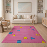Playful Pink Kids Rug with Cute Cats Geometric Shapes