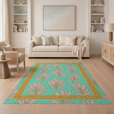 Teal Pink Palm Leaf Rug with Gold Tribal Border