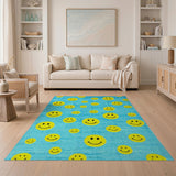 Cheerful Yellow Smiley Faces Teal Area Rug