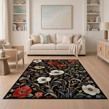 Vintage Red Poppy Floral Black Area Rug