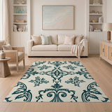 Elegant Teal Floral Damask Area Rug