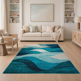 Layered Teal Waves Geometric Area Rug