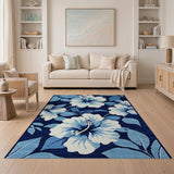 Navy Blue White Hibiscus Floral Area Rug