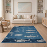 Coastal White Fish Blue Waves Rug