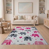 Pink Playful Pink Grey Elephant Kids Area Rug