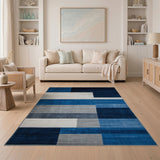 Navy Blue Grey White Geometric Block Area Rug