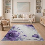 Washable Purple Watercolor Floral Area Rug - Low Pile & Non-Slip