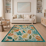 Multi-Color Leaf Boho Area Rug with Teal Border