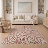 Beige Abstract Wave Area Rug with Red Swirls