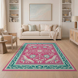 Ornate Pink Floral Area Rug with Teal Accents