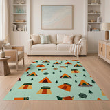 Whimsical Cartoon Camping Tents Pines Rug