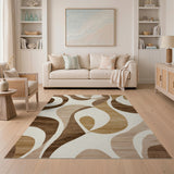 ODIKA Abstract Wavy Brown and Beige Washable Area Rug - Low Pile Non-Slip Modern Carpet