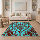 Teal Persian Area Rug with Maroon Floral Motifs