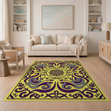 Ornate Yellow Persian Rug with Purple Swirls