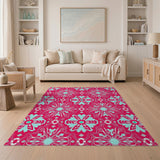 Vibrant Pink Teal Geometric Medallion Area Rug