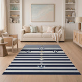 Navy Striped Anchor Nautical Area Rug