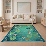 Floral Vintage Teal Koi Fish Lotus Pond Area Rug