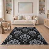 Elegant Black Silver Damask Floral Area Rug