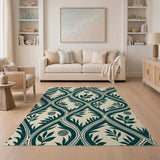 Teal Trellis Leaf Rose Area Rug