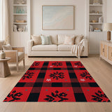 Festive Red Black Buffalo Plaid Snowflake Area Rug