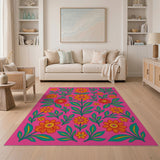 Vibrant Pink Floral Area Rug with Orange Blooms