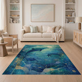 Moonlit Dolphin Leap Teal Ocean Rug