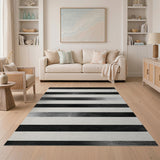 Geometric Modern Distressed Black White Striped Area Rug