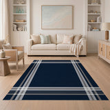 ODIKA Navy Blue Plaid Washable Area Rug - Low Pile Modern Geometric Grid Carpet