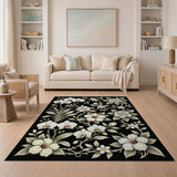 White Orchid Hibiscus Floral Area Rug on Black