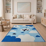 Playful Airplane Clouds Blue Kids Rug