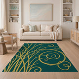 Golden Swirling Vines Teal Area Rug