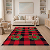 Festive Red Black Plaid Christmas Wreath Area Rug