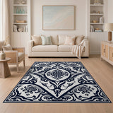 Black and White Ornate Navy Floral Medallion Area Rug