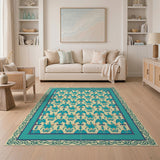 Teal Palmette Floral Cream Area Rug