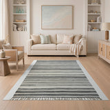 Black White Zigzag Striped Fringed Area Rug