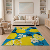 Washable Vibrant Lemon Citrus Area Rug Teal & Yellow Low Pile Non-Slip