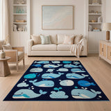 Cute Cartoon Whale Navy Area Rug