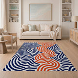 Abstract Navy Orange Wavy Line Area Rug