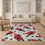 Washable Ice Hockey Sports Area Rug - Red & Navy Low Pile Playroom Mat