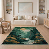Misty Green Mountains Area Rug with Golden Moon and Crane