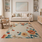 Cream Floral Vintage Area Rug with Peony Blooms