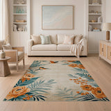 Cream Area Rug with Orange Peonies Teal Leaves Kingfishers