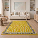 Yellow Geometric Zigzag Area Rug with Greek Key Border