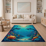 ODIKA Under the Sea Dolphin World Washable Area Rug, Non-Slip Low Pile Ocean Life Carpet for Kids Playroom